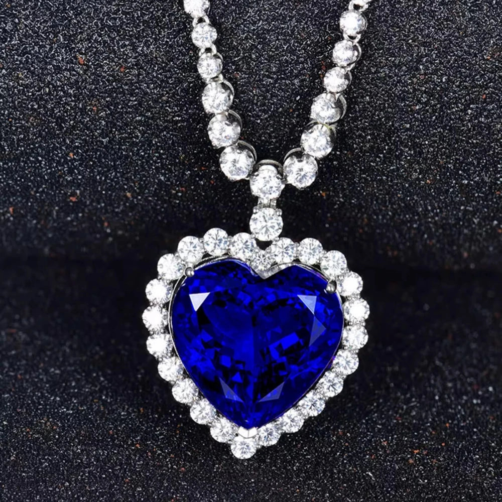 Wong Rain 925 Sterling Silver Heart Cut 20MM Sapphire High Carbon Diamonds Gems Pendant Necklaces Fine Jewelry Anniversary Gifts
