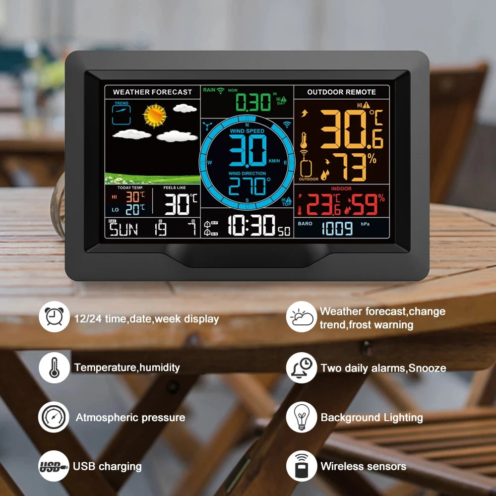 No wiring required Multifunctional Weather Station Temperature Humidity Wind Speed and Rainfall Detection Weather Forecast Clock