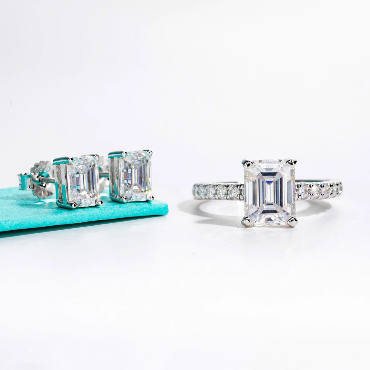 AnuJewel 3ct Emerald Cut Moissanite Engagement Ring 1ct Emerald Stub Earrings Bridal Sets 925 Sterling Silver Wedding Band