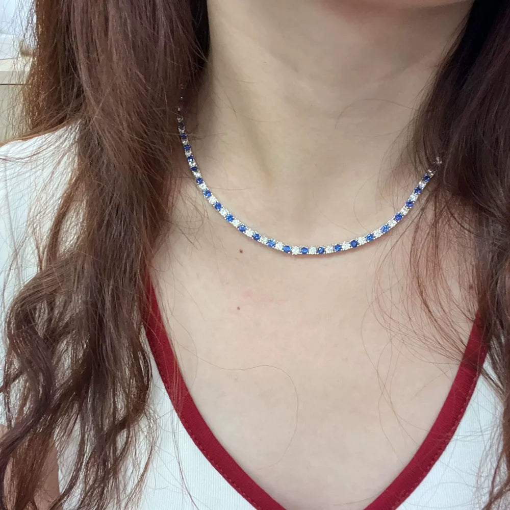 Wong Rain 925 Sterling Silver Round Cut 3 MM Sapphire Emerald Ruby High Carbon Diamond Gems Tennis Chain Necklace Fine Jewelry