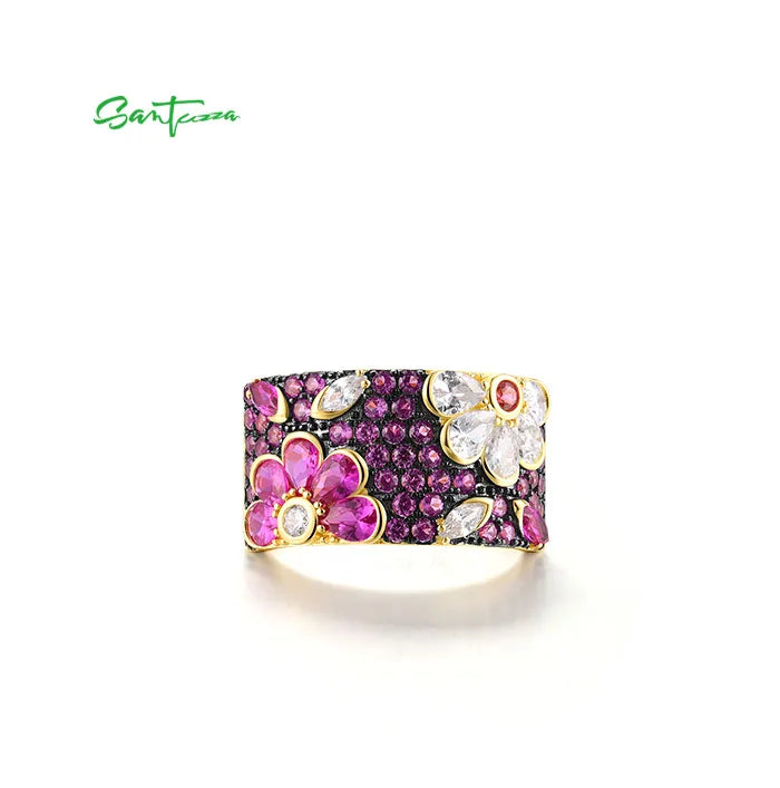 SANTUZZA Genuine 925 Sterling Silver Ring For Women Sparkling Black /Pink/Blue Spinel Colorful Flower Elegant Party Fine Jewelry