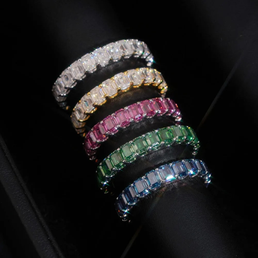 0.3ct Green Pink D Color Emerald Cut Moissanite Eternity Ring 925 Sterling Silver Plated Bling Diamond Wedding Band Pass Tester