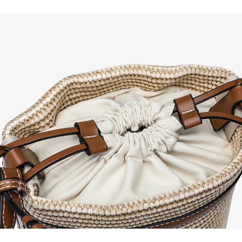 Fashion Straw Bucket Bag Weave Women Handbags Designer Panelled Shoulder Crossbody Bags Casual Summer Beach Small Tote Purses