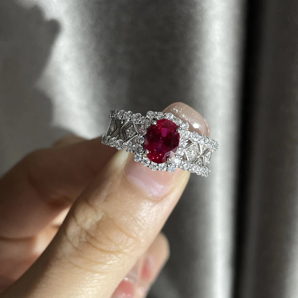Wong Rain Luxury 925 Sterling Silver 1.5CT Oval Cut Ruby High Carbon Diamond Gemstone Wedding Party Fine Jewelry Ring For Women