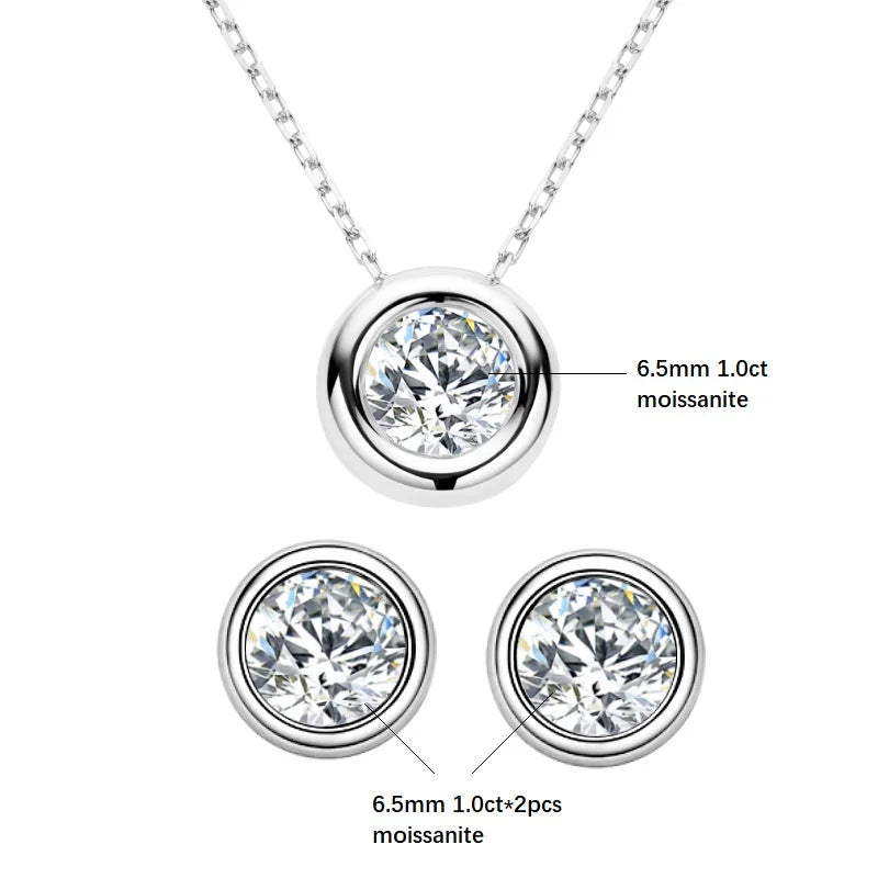IOGOU 6.5mm 1ct Bezel Moissanite Pendant Necklace Earrings Sets 925 Silver Adjustable Chain for Women GRA Certified Jewelry Set