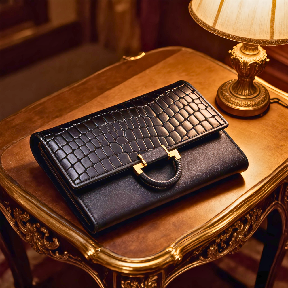 Cartera de piel de vacuno auténtica con textura de cocodrilo
