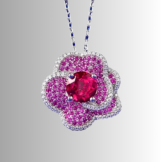 Collana Floreale con Rubino Lab Grown e Petali Multistrato di Zaffiri Rosa