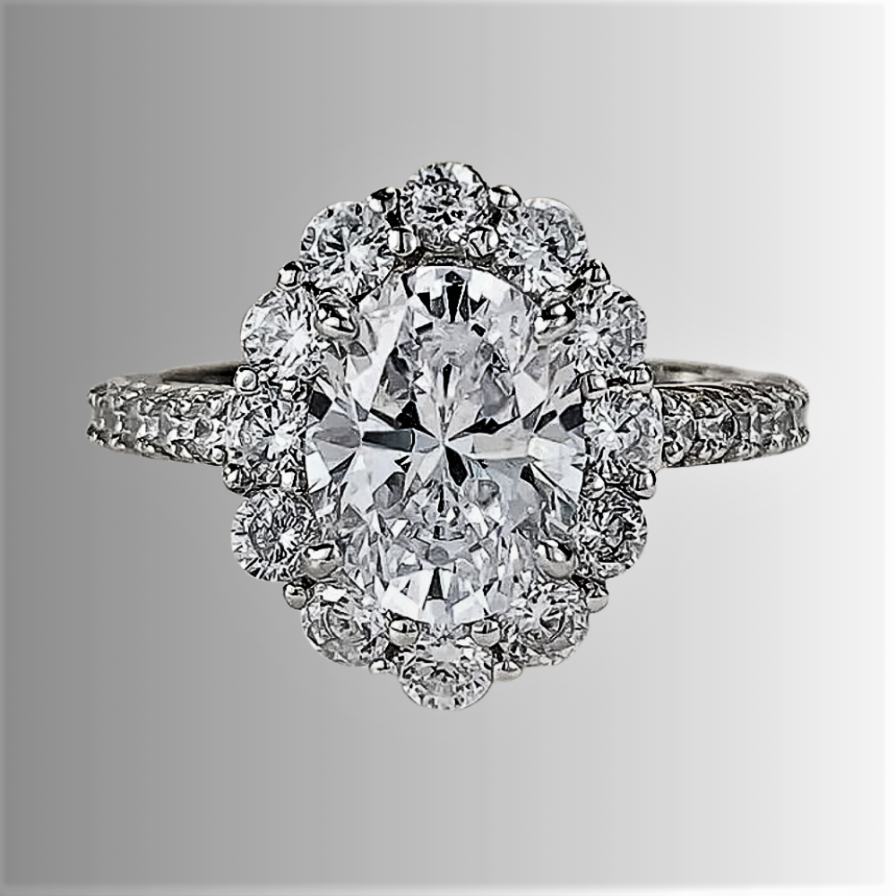 Anello a Fiore con Moissanite Ovale 3ct: Grazia, Luce e Fascino Infinito