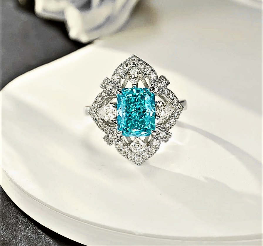 Fascione con Tormalina Paraiba Taglio Cuscino allungato e Diamanti Lab Grown