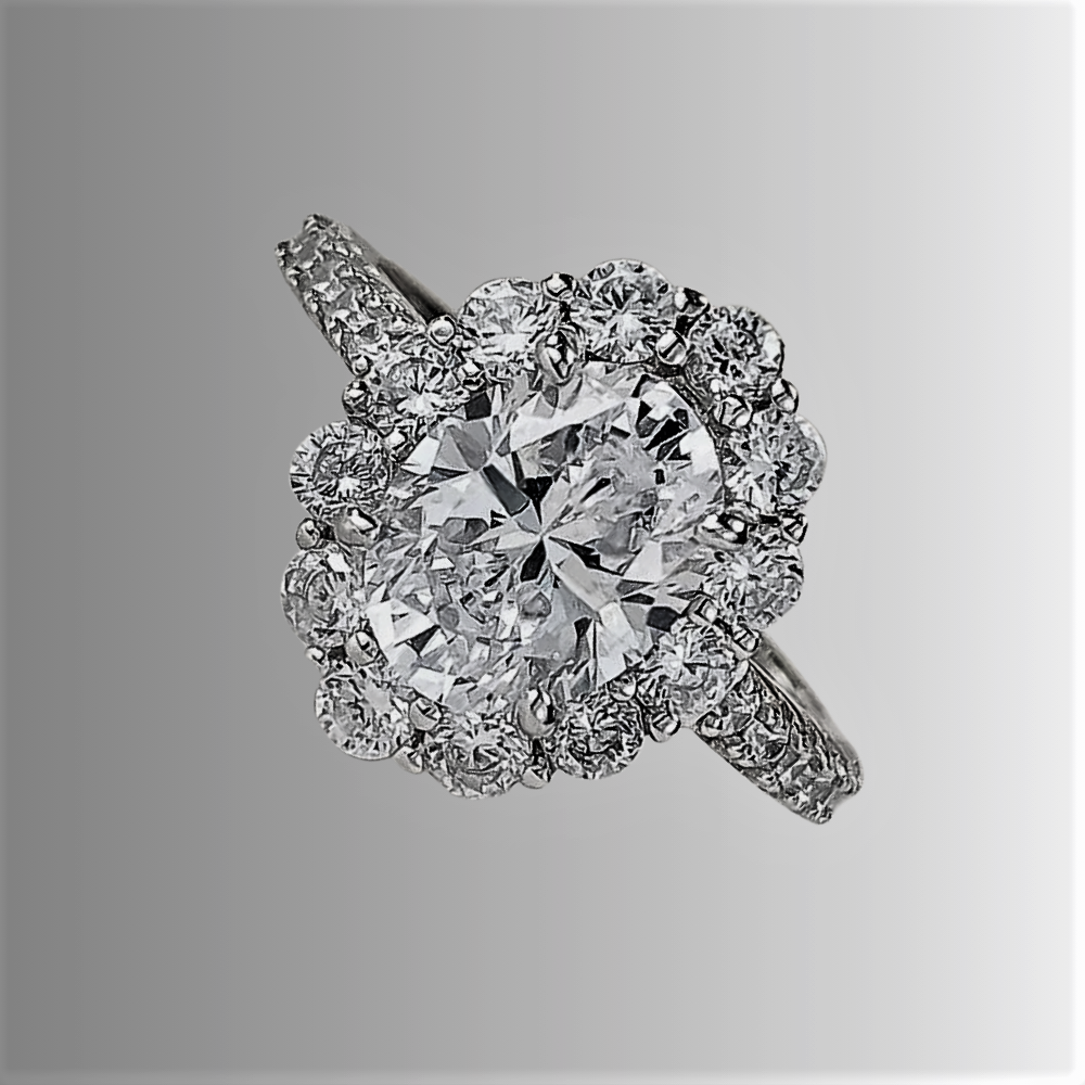 Anello a Fiore con Moissanite Ovale 3ct: Grazia, Luce e Fascino Infinito
