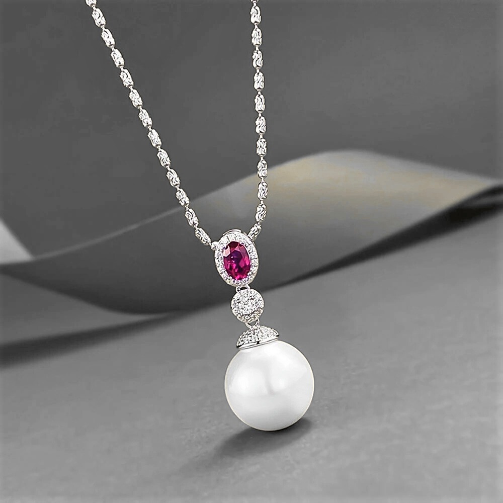 Collana con Rubino Ovale, Brillanti e Perla Sintetica da mm 14