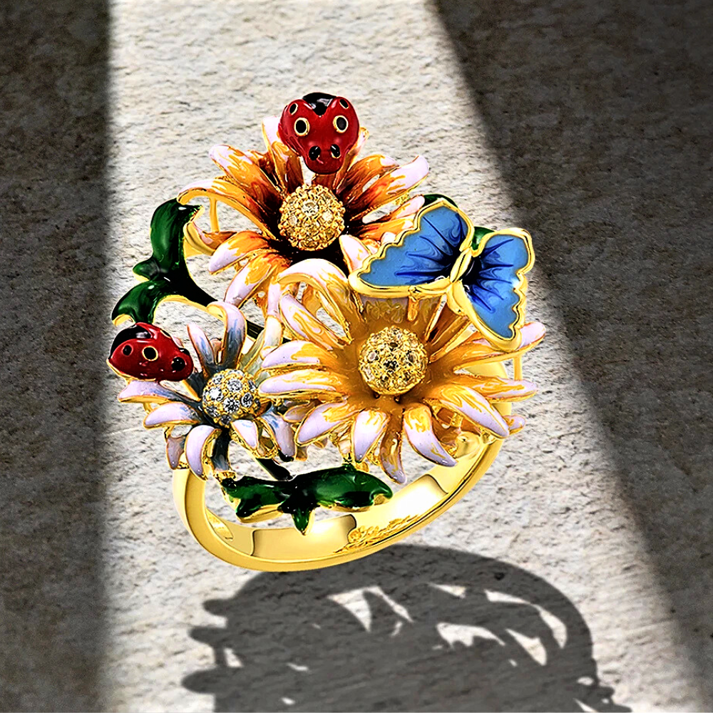 Anello a Bouquet con Smalti Dipinti a Mano