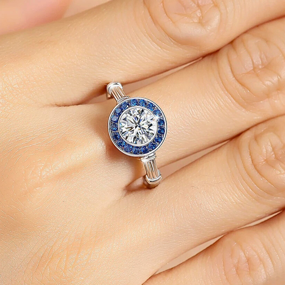 Fascetta con Moissanite per ct 1,00 e Gemme Blu Zaffiro