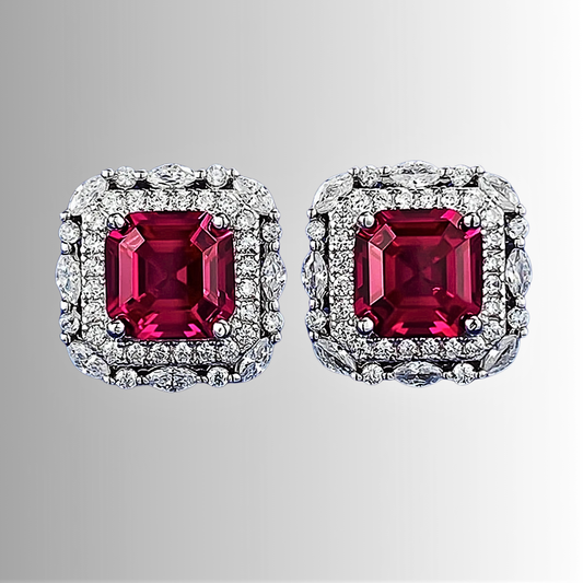 Orecchini con Rubino Taglio Asscher Coltivato e Diamanti Lab Grown