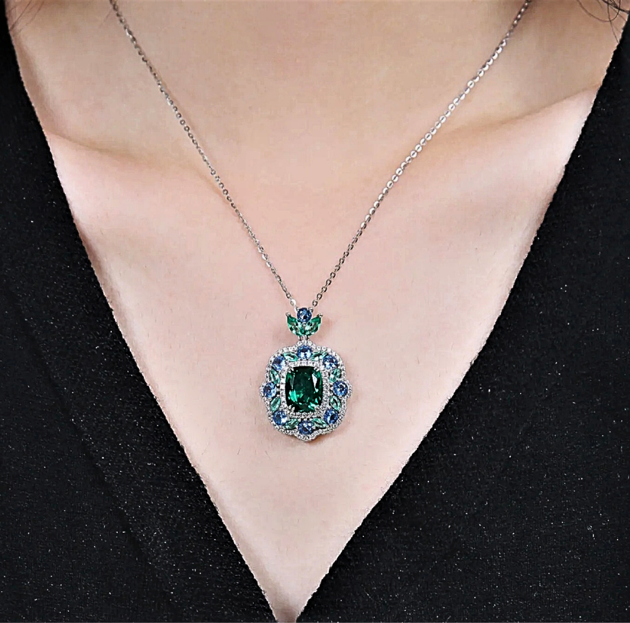 Parure Collana e Anello con Moissanite colore Smeraldo e Zaffiro