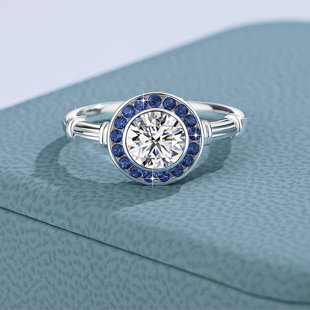 Fascetta con Moissanite per ct 1,00 e Gemme Blu Zaffiro