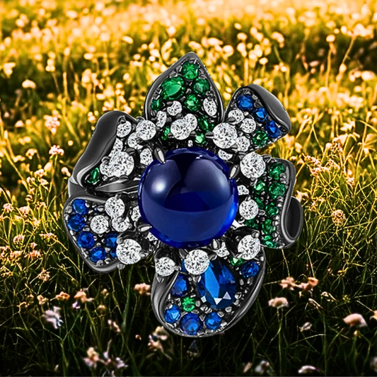 Collana Floreale con Zaffiro Lab Grown, Zaffiri, Smeraldi e Brillanti Sintetici