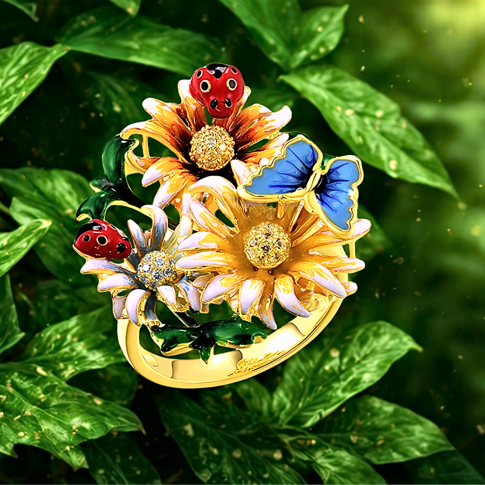 Anello a Bouquet con Smalti Dipinti a Mano