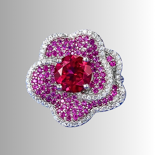 Anello Floreale con Rubino Lab Grown e Petali Multistrato di Zaffiri Rosa