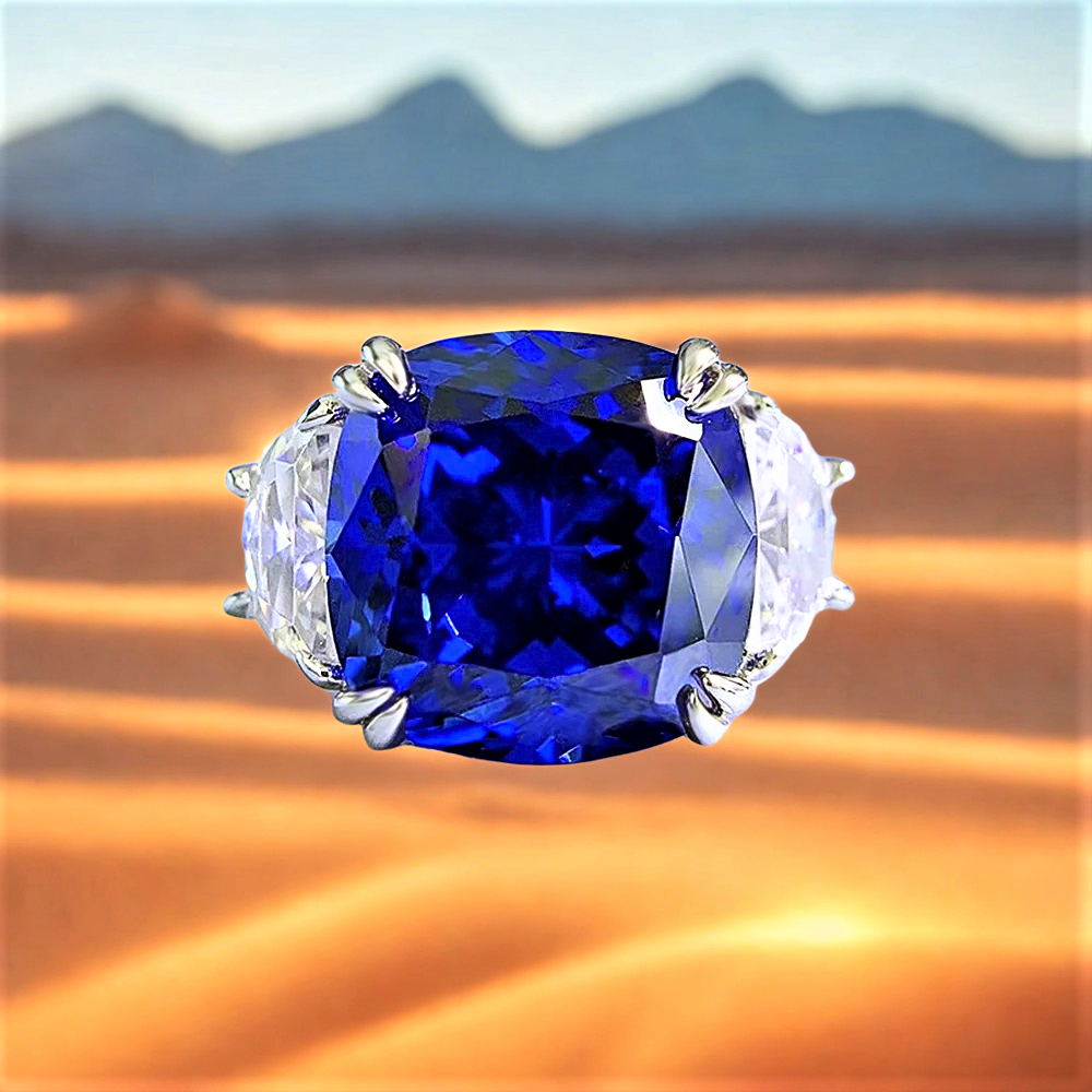 Anello Regalità Scolpita – Zaffiro Royal Blue da ct 10,00 e Diamanti Lab Grown Taglio Trapezio modificato