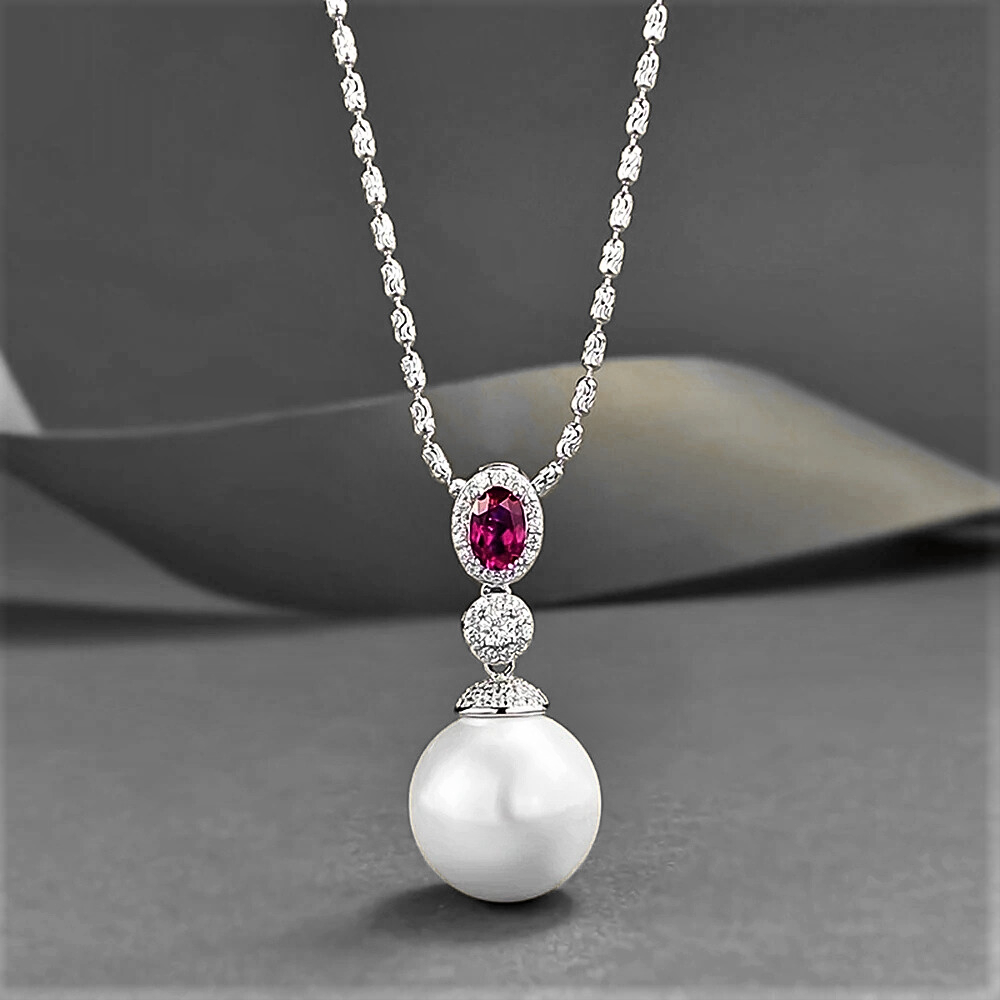 Collana con Rubino Ovale, Brillanti e Perla Sintetica da mm 14