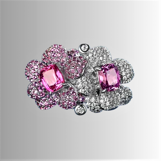 Anello con Zaffiri Rosa Coltivati e Brillanti Sintetici ad Alto Contenuto di Carbonio