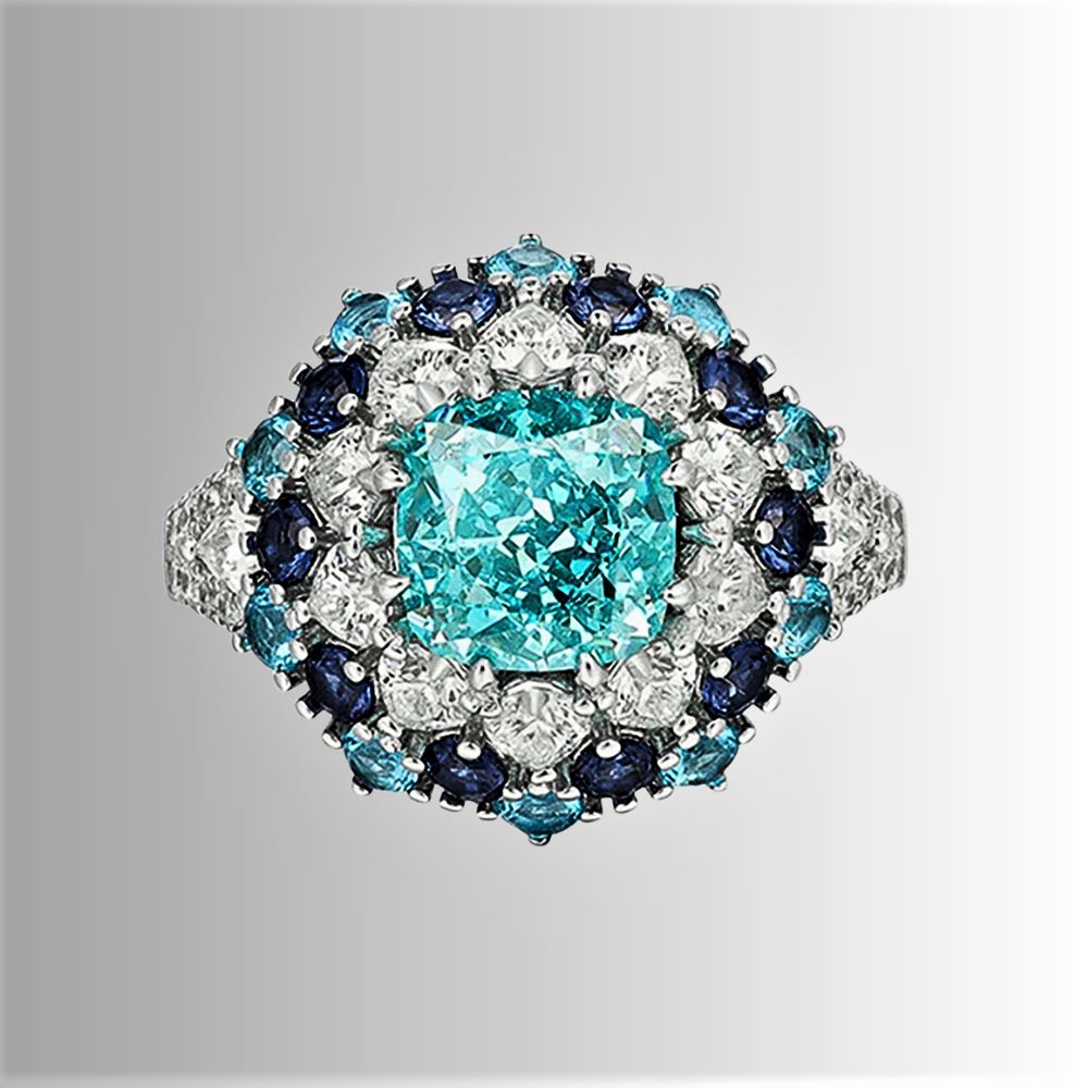 Fascia con Tormalina Paraiba Taglio Cuscino, Taglio Brillante, Zaffiri Lab Grown e Diamanti ad Alto Contenuto di Carbonio