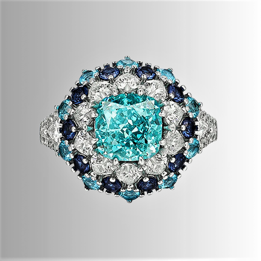 Fascia con Tormalina Paraiba Taglio Cuscino, Taglio Brillante, Zaffiri Lab Grown e Diamanti ad Alto Contenuto di Carbonio