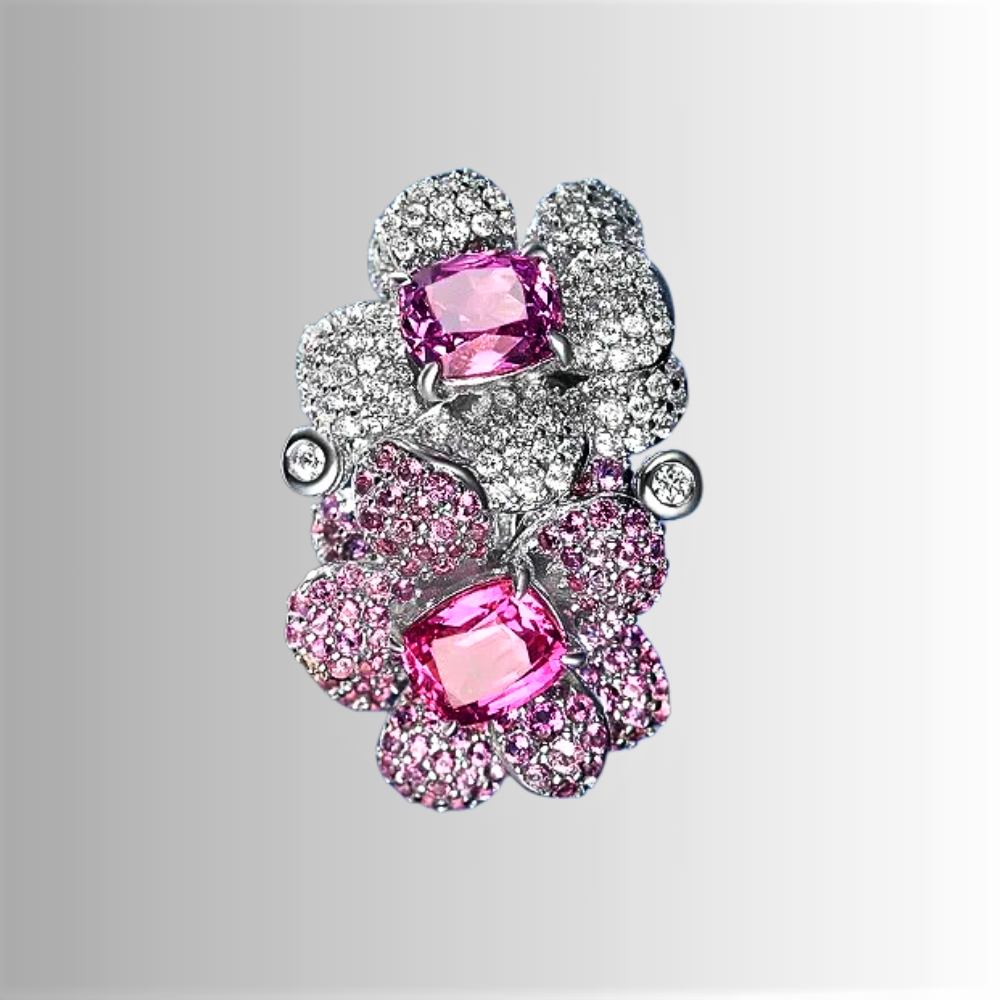 Anello con Zaffiri Rosa Coltivati e Brillanti Sintetici ad Alto Contenuto di Carbonio