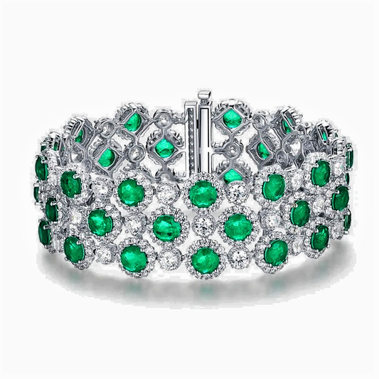 Bracciale a "Tappeto" con Smeraldi Coltivati Taglio Brillante e Diamanti Sintetici