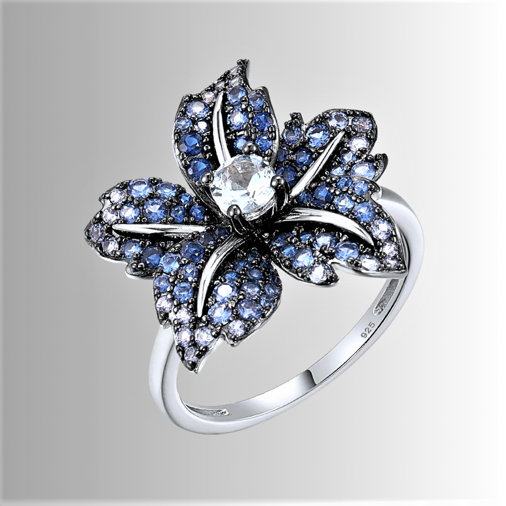 Anello a Fiore con Pavè di Spinelli Blu o Zaffiri Rosa Coltivati