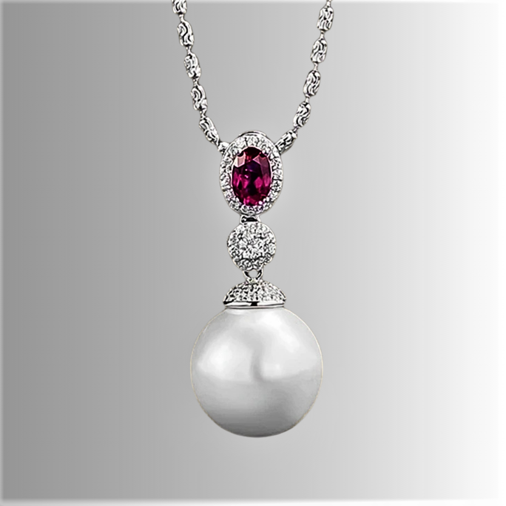 Collana con Rubino Ovale, Brillanti e Perla Sintetica da mm 14