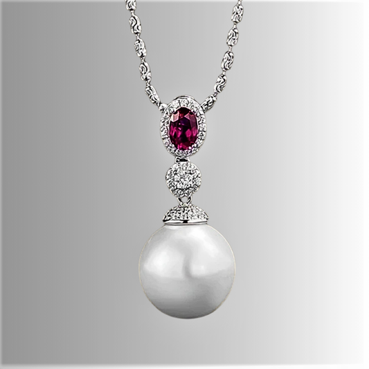 Collana con Rubino Ovale, Brillanti e Perla Sintetica da mm 14