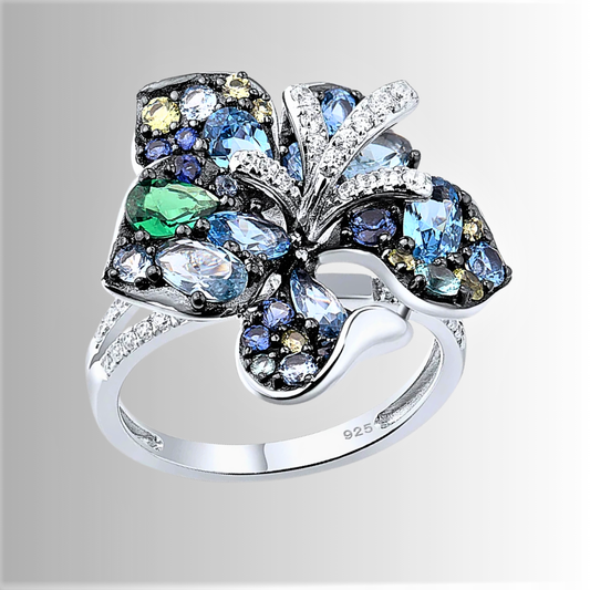 Anello a Fiore Blu con Zaffiri e Spinelli Coltivati