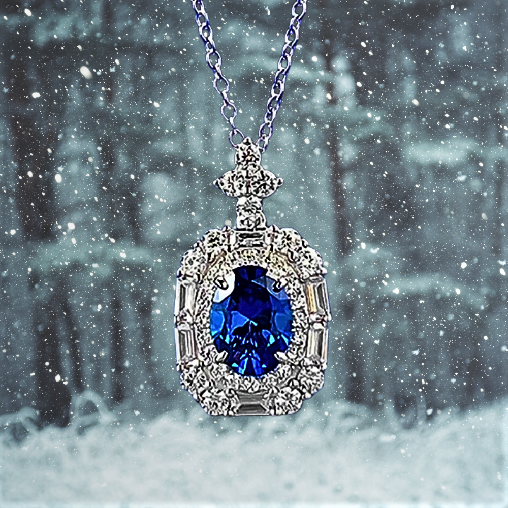Collana con Zaffiro Coltivato Ovale e Diamanti Sintetici
