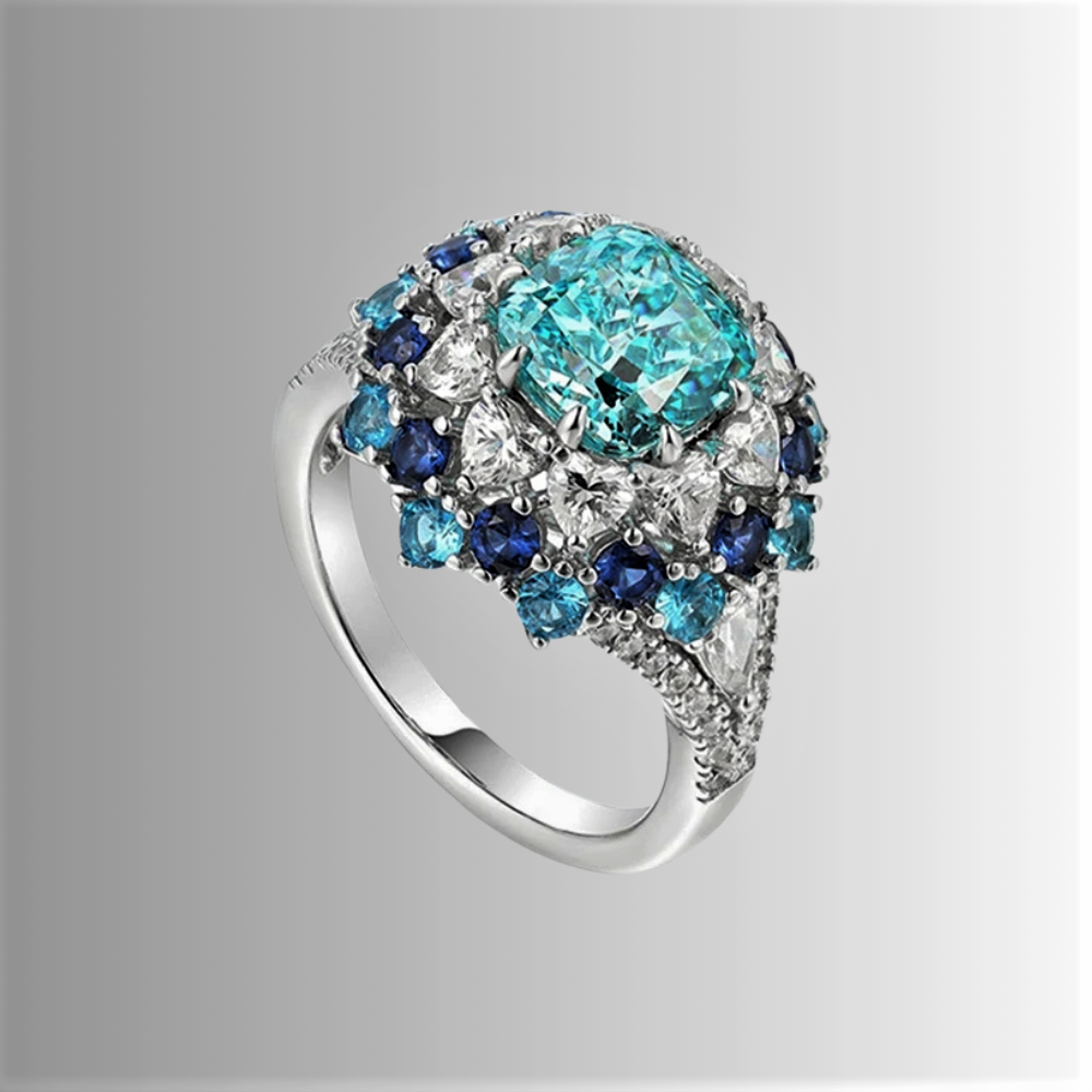 Fascia con Tormalina Paraiba Taglio Cuscino, Taglio Brillante, Zaffiri Lab Grown e Diamanti ad Alto Contenuto di Carbonio