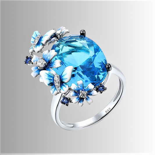 Anello con Farfalle e Fiori in Smalto Dipinto a Mano su Acquamarina Sintetica