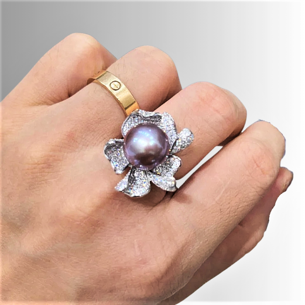 Anello Floreale con Perla Naturale d'Acqua Dolce da 11-12mm