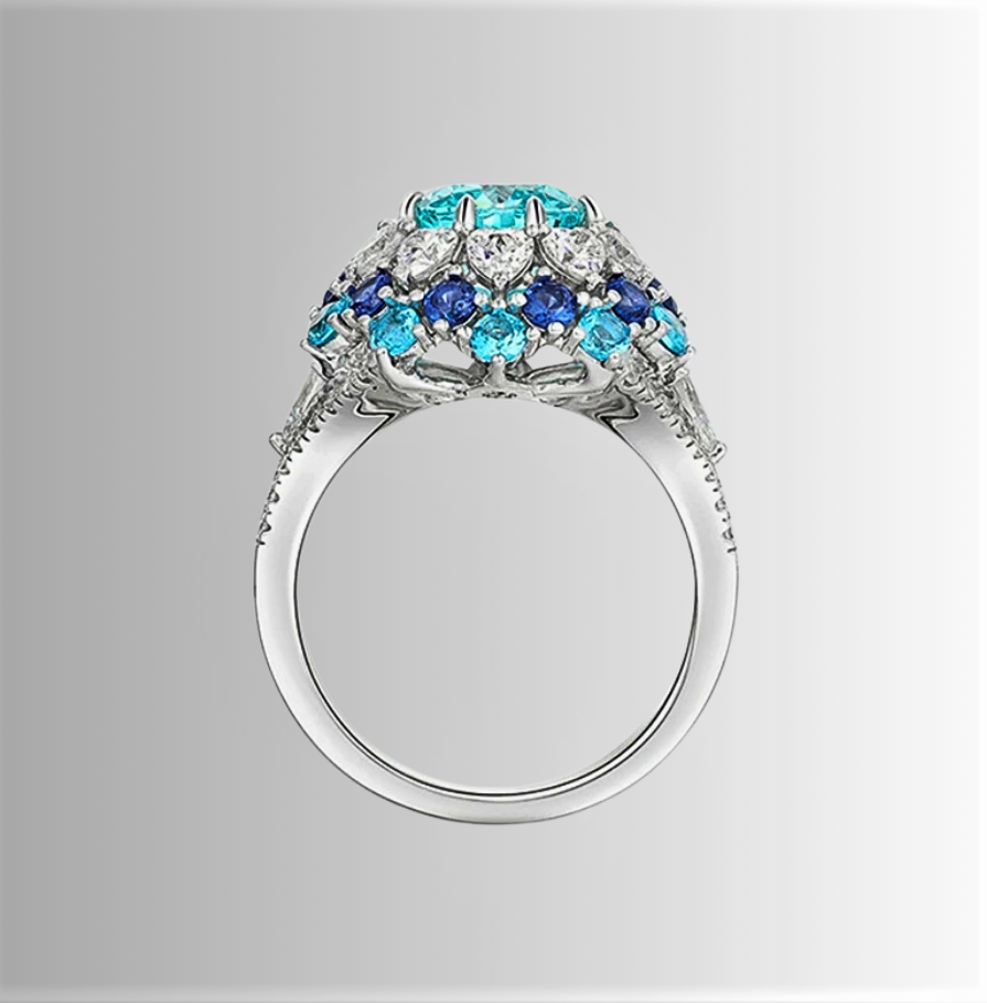 Fascia con Tormalina Paraiba Taglio Cuscino, Taglio Brillante, Zaffiri Lab Grown e Diamanti ad Alto Contenuto di Carbonio