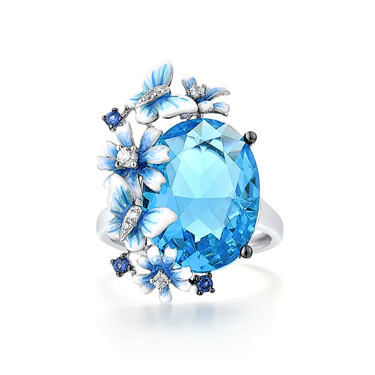 Anello con Farfalle e Fiori in Smalto Dipinto a Mano su Acquamarina Sintetica