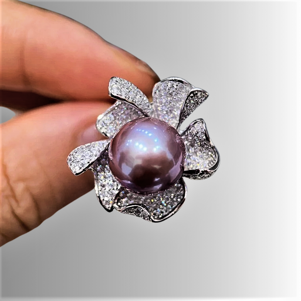 Anello Floreale con Perla Naturale d'Acqua Dolce da 11-12mm