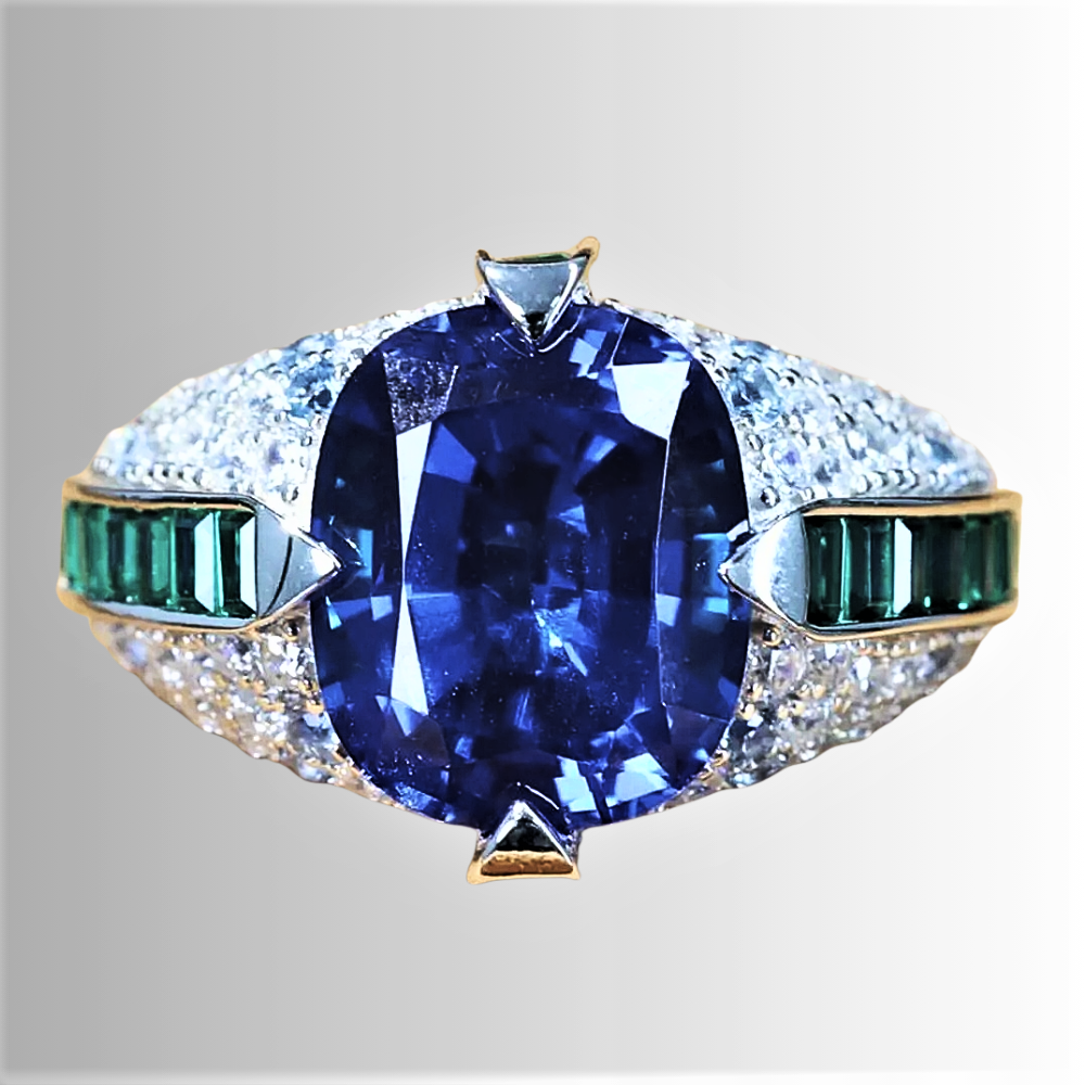 Anello con Zaffiro Ovale, Smeraldi Taglio Baguette e Brillanti Lab Grown