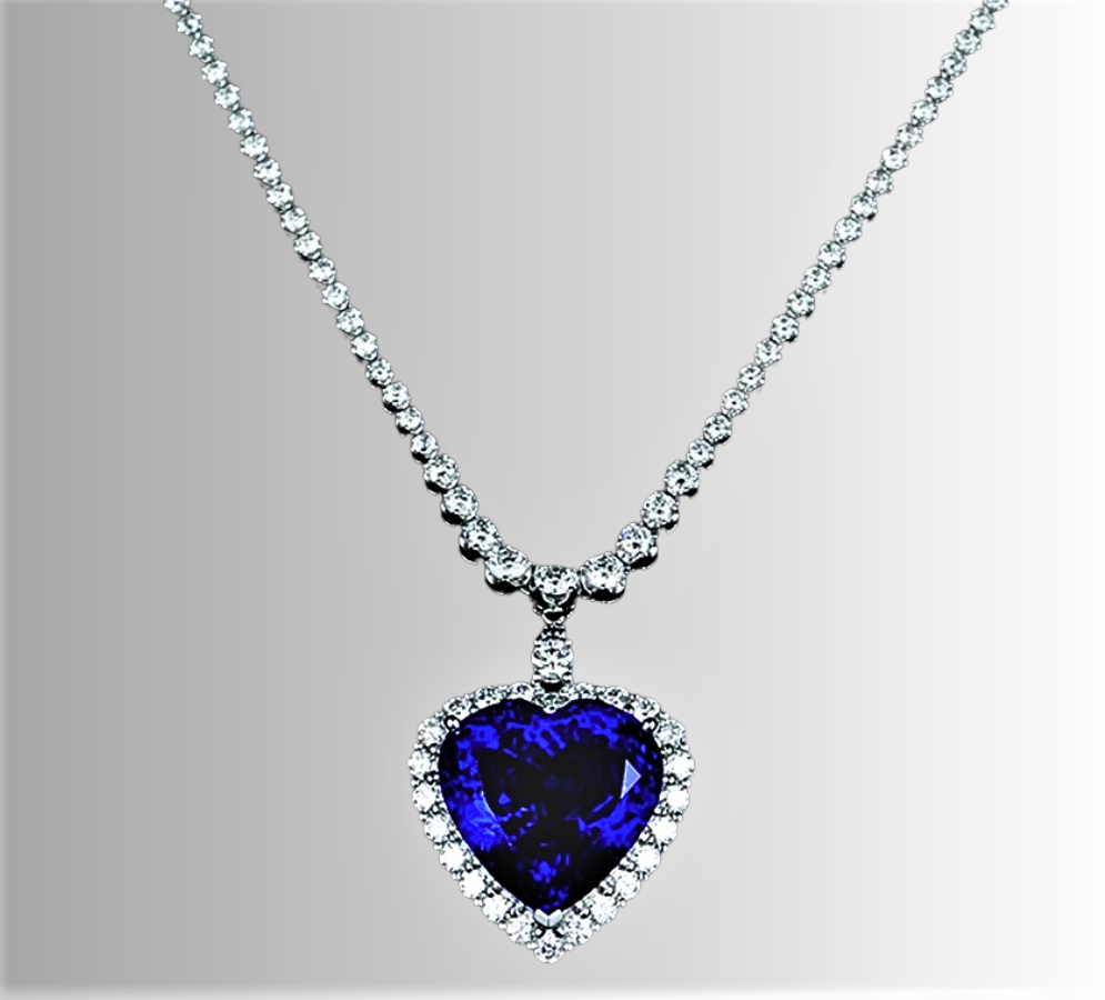Collana Tennis con Zaffiro Taglio Cuore di 48 ct e Brillanti Coltivati