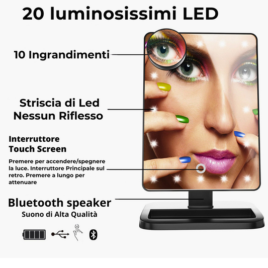 Espejo de maquillaje con pantalla táctil, luces LED y altavoz Bluetooth 