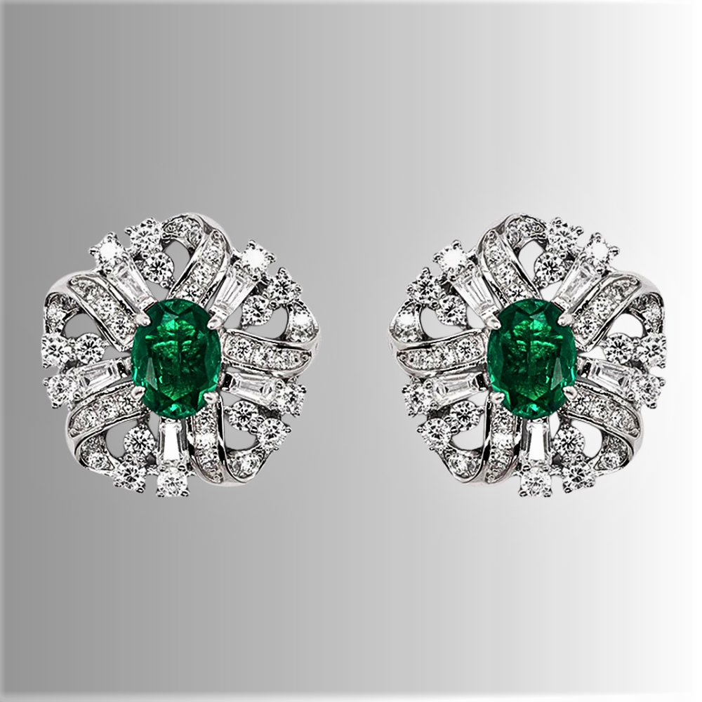 Orecchini a Fiore con Smeraldi o Rubini Coltivati Ovali e Diamanti Sintetici ad Alto Contenuto di Carbonio
