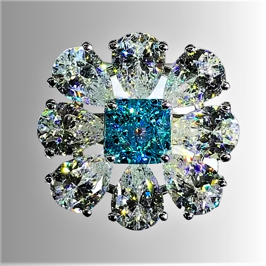 Fascia a Fiore con Moissanite Color Acquamarina Taglio Radiant e Diamanti Taglio Goccia