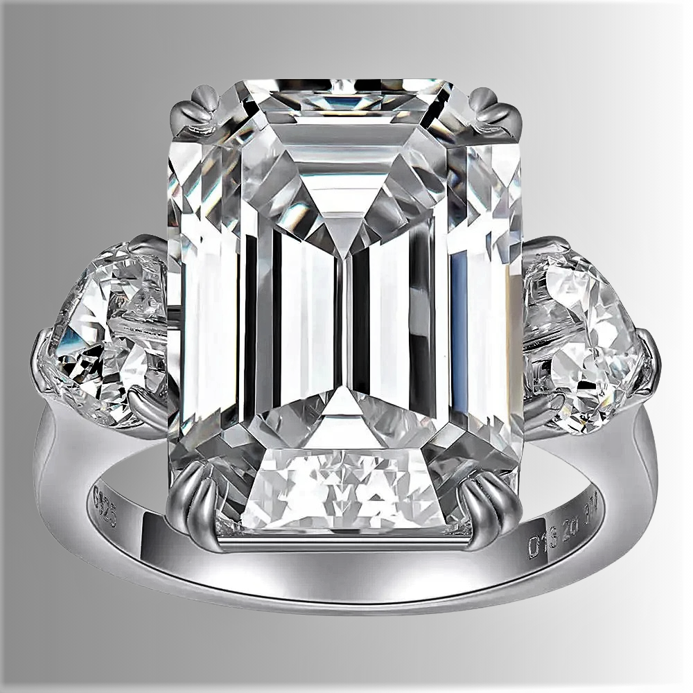 Trilogy con Moissanite Taglio Smeraldo e Cuori Laterali: 13,20 Carati di Emozione Artigianale