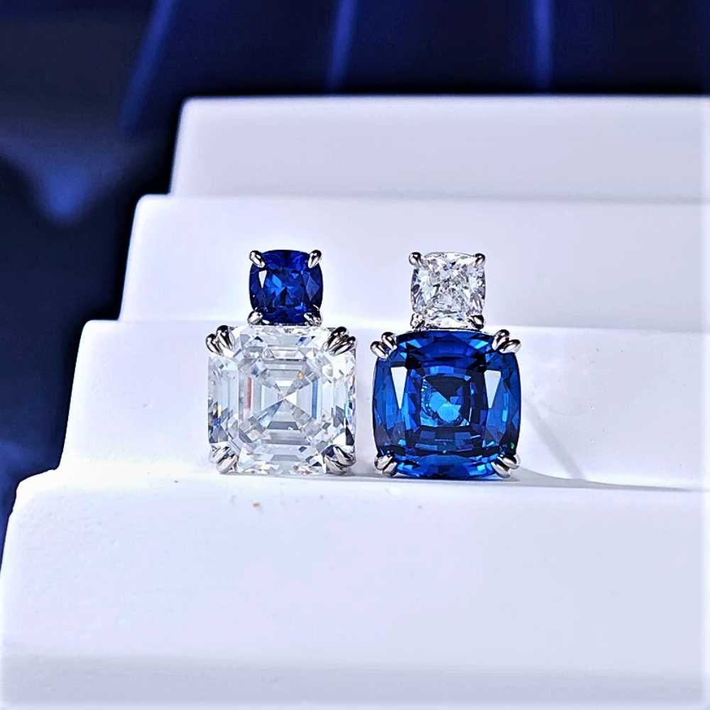 Orecchini Asimmetrici con Zaffiri e Diamanti Coltivati