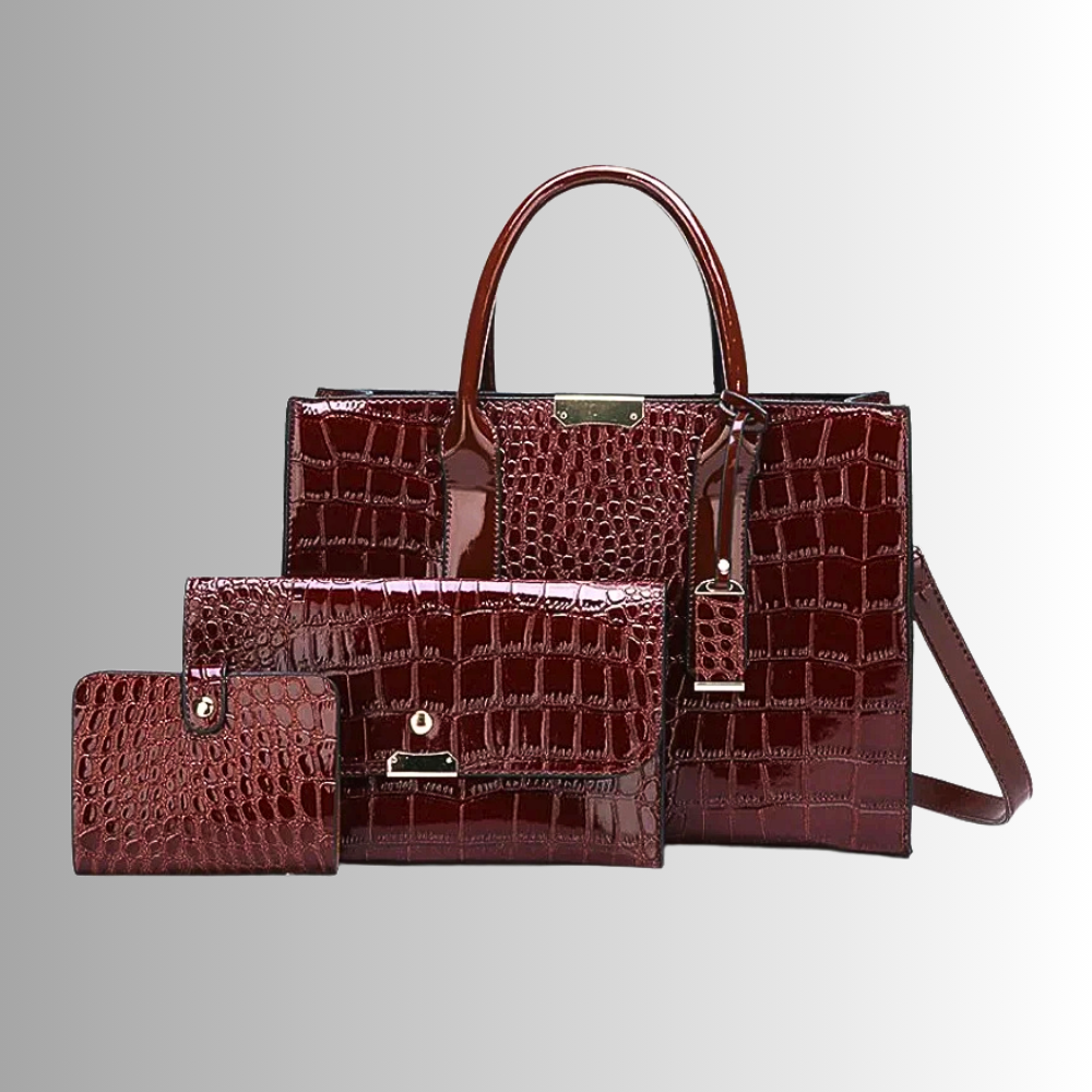 Set di Borsa, Pochette e Portachiavi in Fiore di Pelle di Vitellino