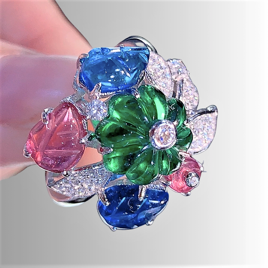 Anello con Smeraldi, Rubini, Zaffiri e Brillanti Sintetici ad Alto Contenuto di Carbonio